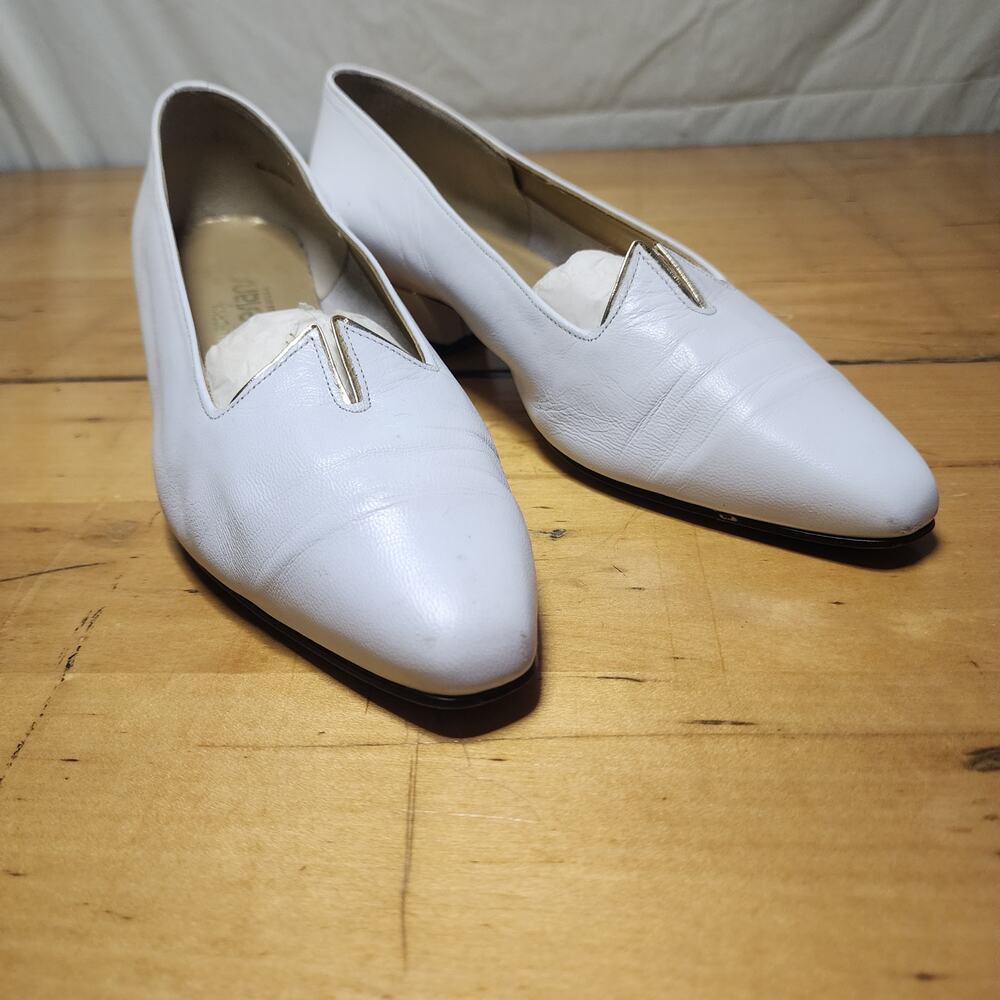 MAGDESIANS Harem Style Vintage Leather White Gold heels shoes JACOBSONS Store